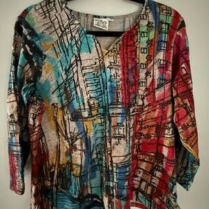Parsley & Sage Multicolor Abstract Knit Top with Red and Turquoise Accents
